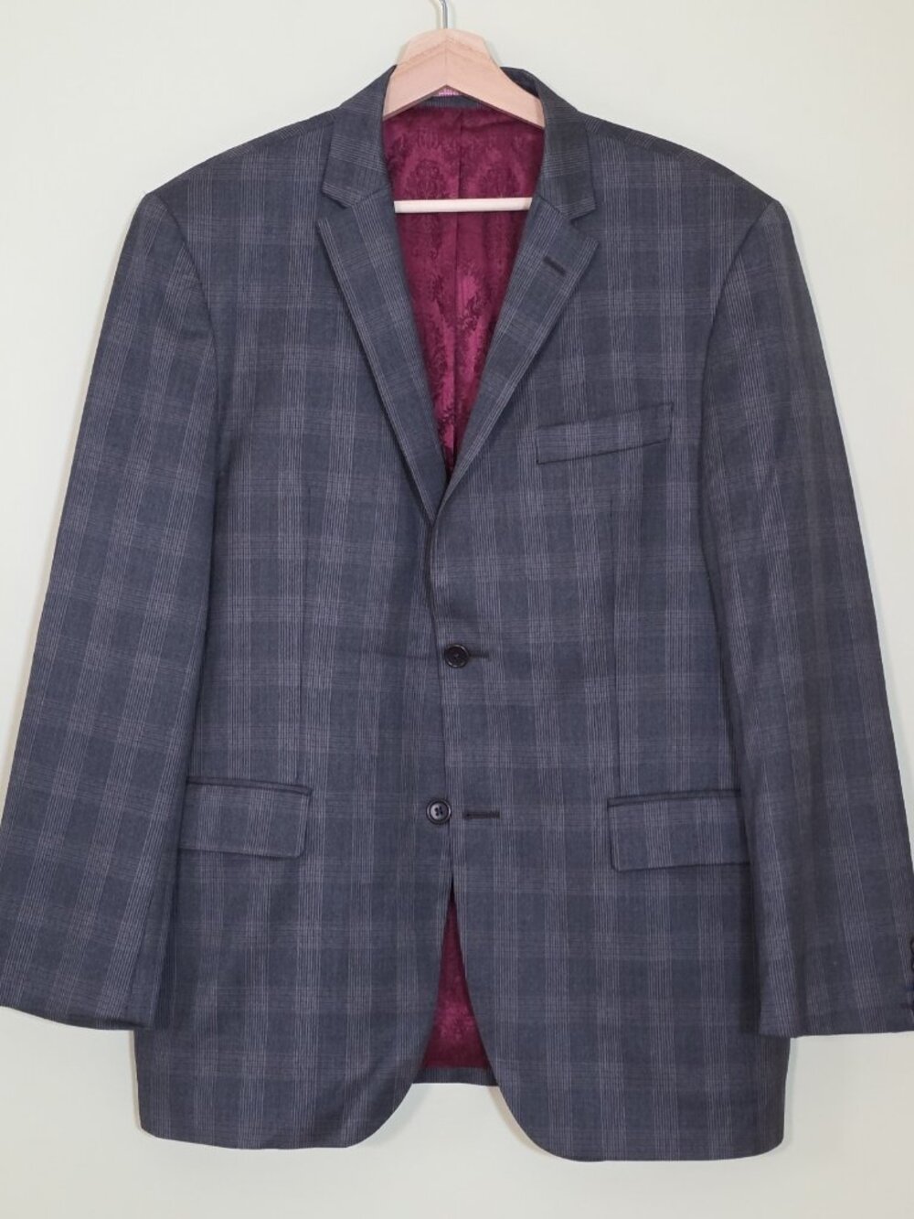 Sand Wool 100s Blazer Mens 52 L Gray Plaid Lined Single Breasted 2B Reda Fabric